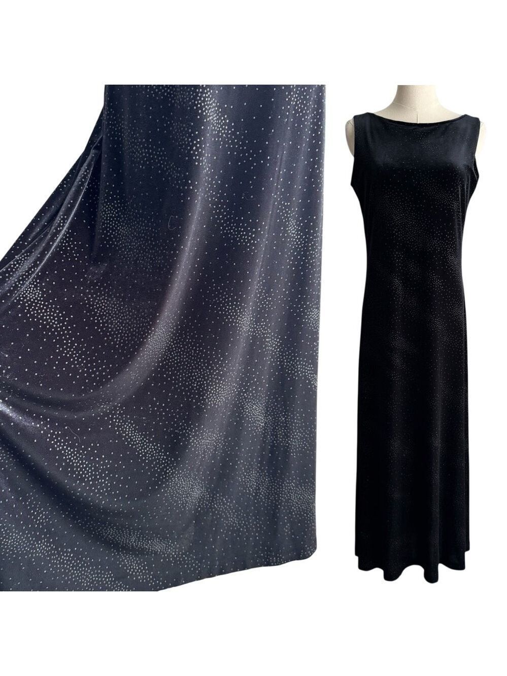 Vintage 90s Y2K Velvet Sparkle Maxi Dress Sz 6 Black Sleeveless Evening Gown EUC